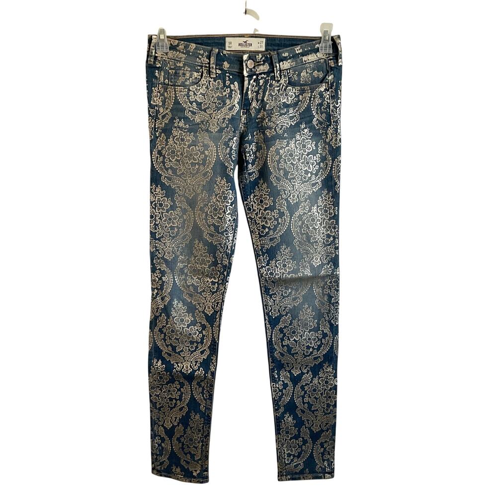 Hollister Women’s Low Rise Floral Metallic Skinny Jeans Denim Gold Y2K - Size 27